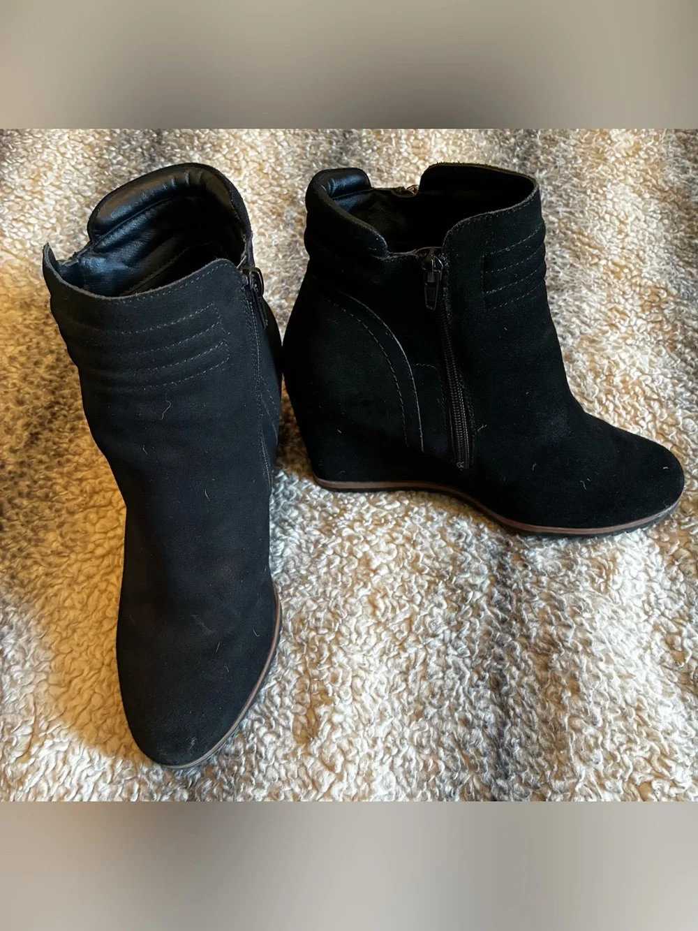 Women’s Black Suede Wedge Ankle Booties with Side Zip